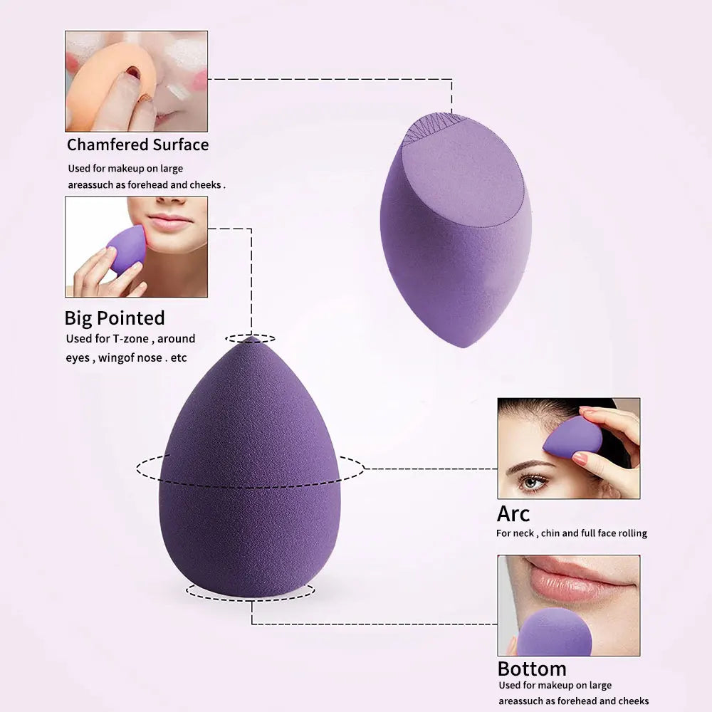 Soft makeup sponge set in purple with various shapes for flawless application on all face areas