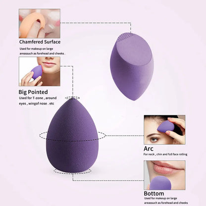 Soft makeup sponge set in purple with various shapes for flawless application on all face areas