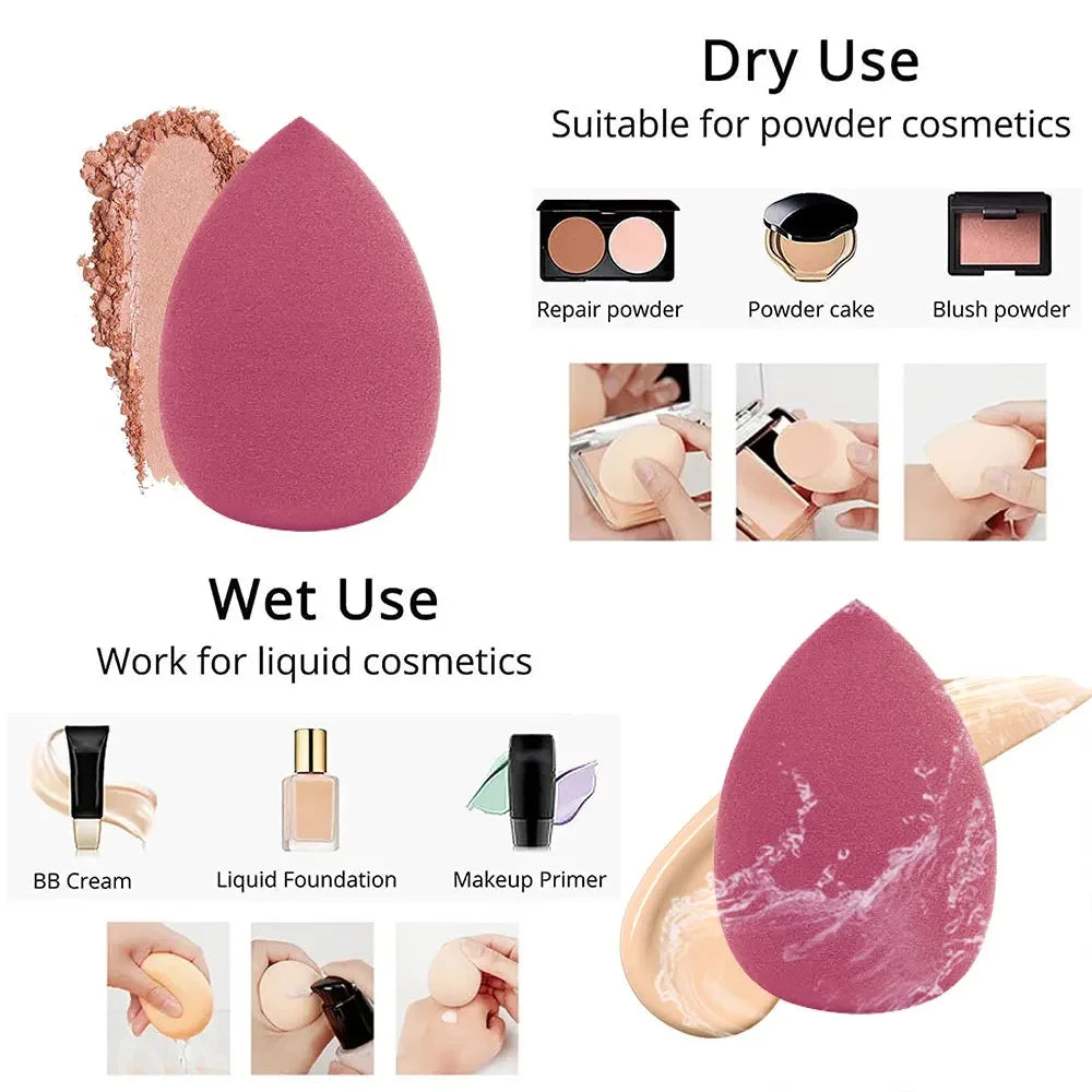 Soft makeup sponge set in various colors for wet and dry use, ideal for foundation and powder applications