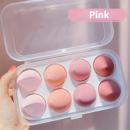 Pink soft makeup sponge set in clear case with eight sponges for blending and applying cosmetics