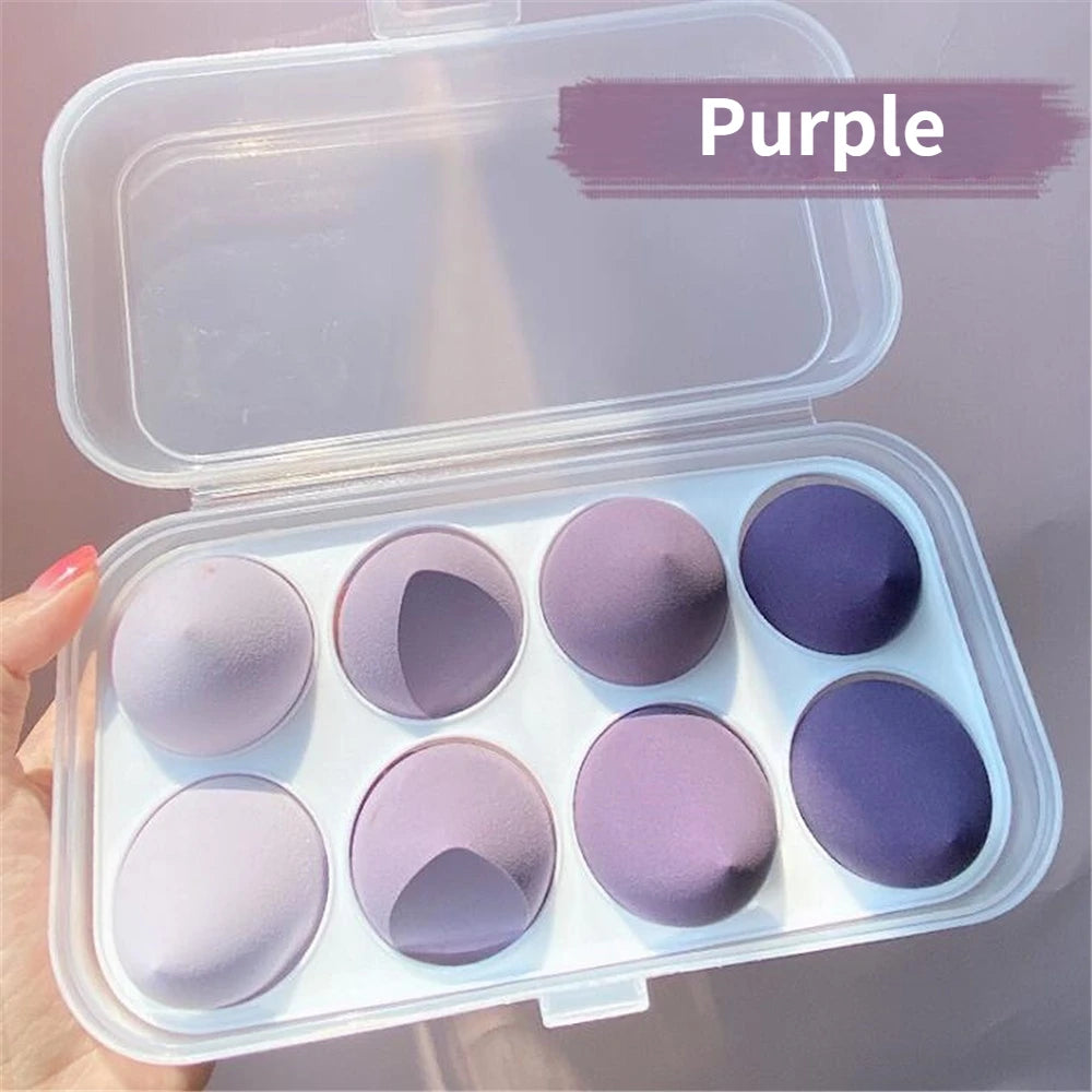 Soft makeup sponge set in purple with eight different shapes for a flawless application