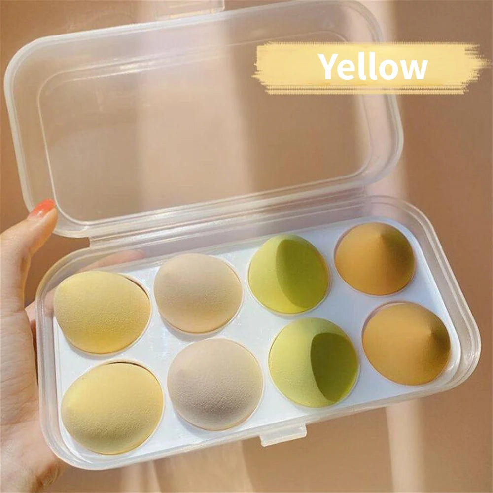 Soft makeup sponge set in a clear case featuring various shades for flawless application
