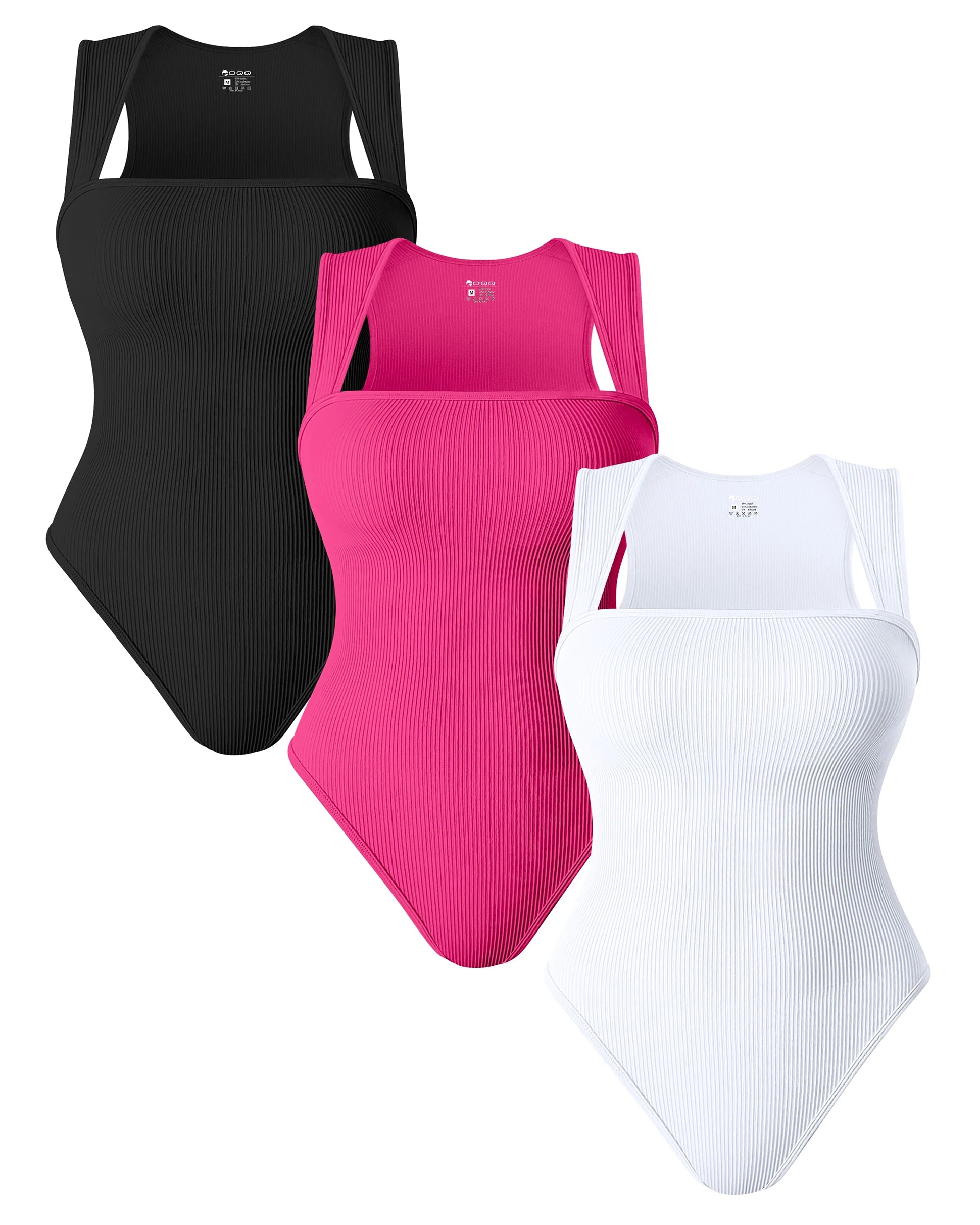 VaultHaus solid color summer bodysuit set in black, pink, and white with ribbed texture