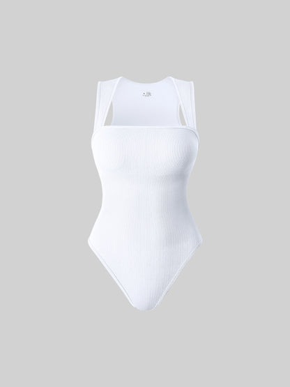 VaultHaus Solid Color Summer Bodysuit in White with Ribbed Texture for Comfortable Wear