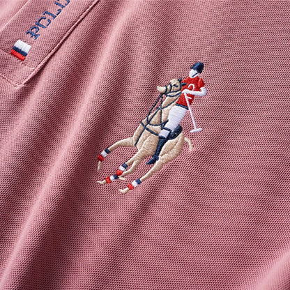 VaultHaus stylish men's embroidered polo in pink with a horse polo player design