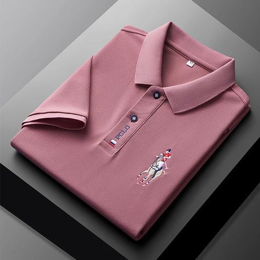 Stylish men's embroidered polo in dusty rose color with folded design and detailed logo