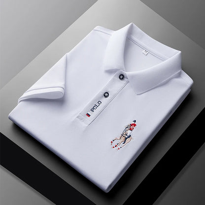 Stylish men's embroidered polo in white with logo and classic collar design folded neatly