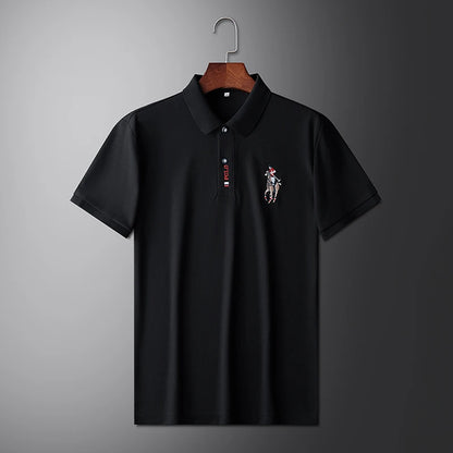 Stylish men's embroidered polo in black with a classic collar and detailed horse emblem