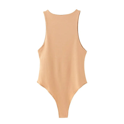 Back view of a nude summer slim bodysuit designed for comfort and style during warm weather