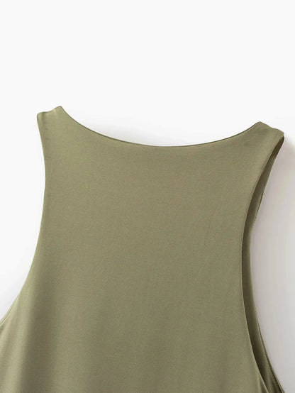 Back view of VaultHaus summer slim bodysuit in olive green, perfect for warm-weather styling