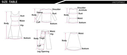 Size guide for VaultHaus summer slim bodysuit with measurements for bust, waist, and hip