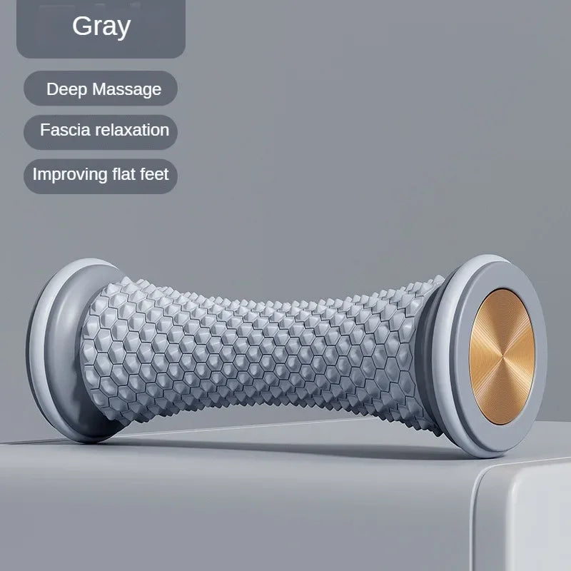 Gray yoga massage roller for feet with textured surface for deep massage and fascia relaxation