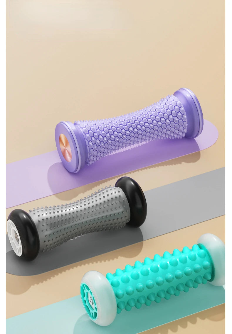 Set of colorful yoga massage rollers for feet with textured surfaces for effective foot relief