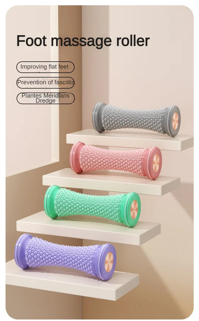 Colorful yoga massage roller for feet displayed on steps with various benefits listed