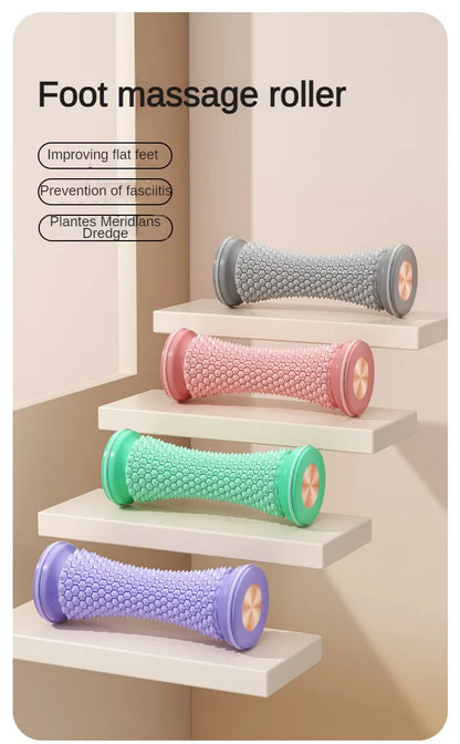Colorful yoga massage roller for feet displayed on steps with various benefits listed
