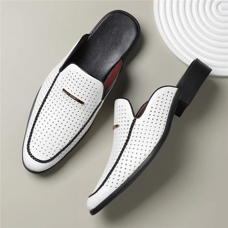 VaultHaus breathable patent leather mules in white with black sole and perforated design