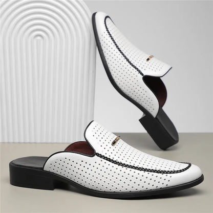 breathable patent leather mules in white with black sole and perforated design.