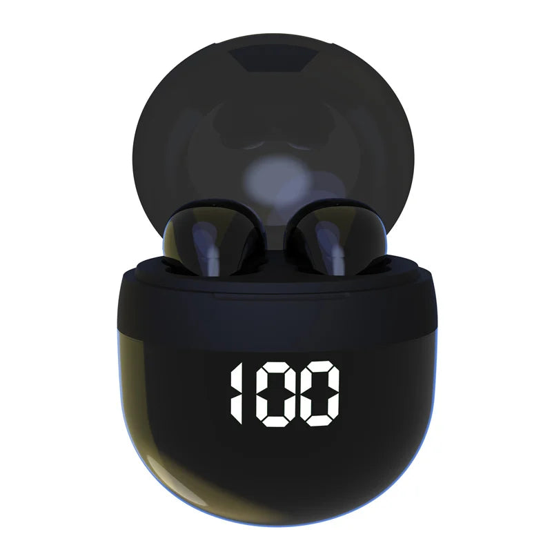 VaultHaus Wireless Mini Headphones with Mic in Charging Case featuring Battery Level Display