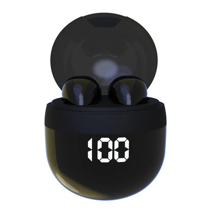 VaultHaus Wireless Mini Headphones with Mic in Charging Case featuring Battery Level Display