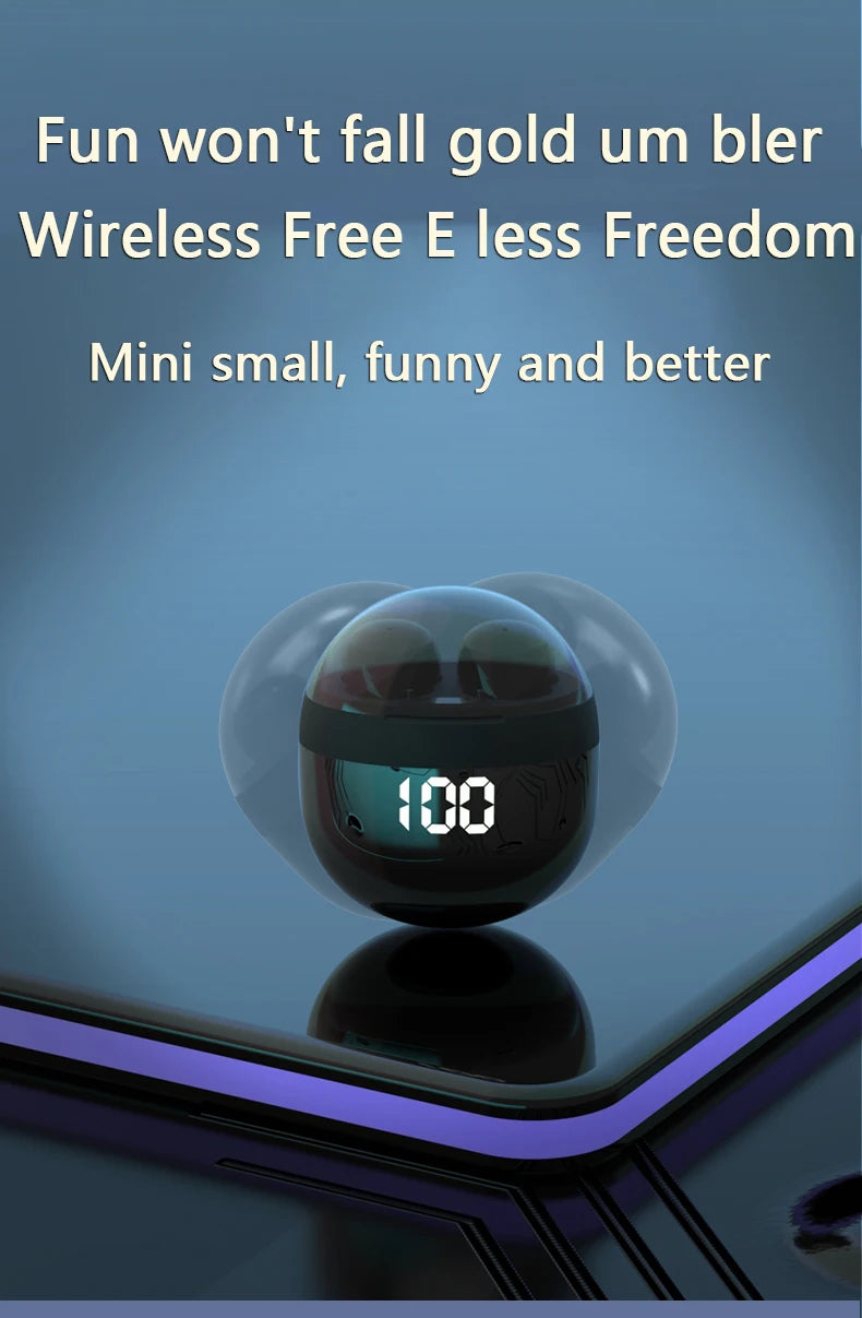 VaultHaus wireless mini headphones with mic featuring a compact design and LED display for easy use