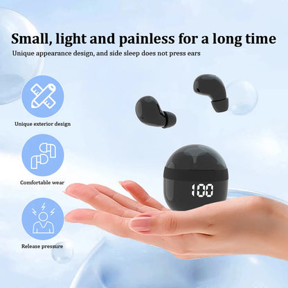 VaultHaus wireless mini headphones with mic nestled in hand, showcasing unique design and comfortable fit