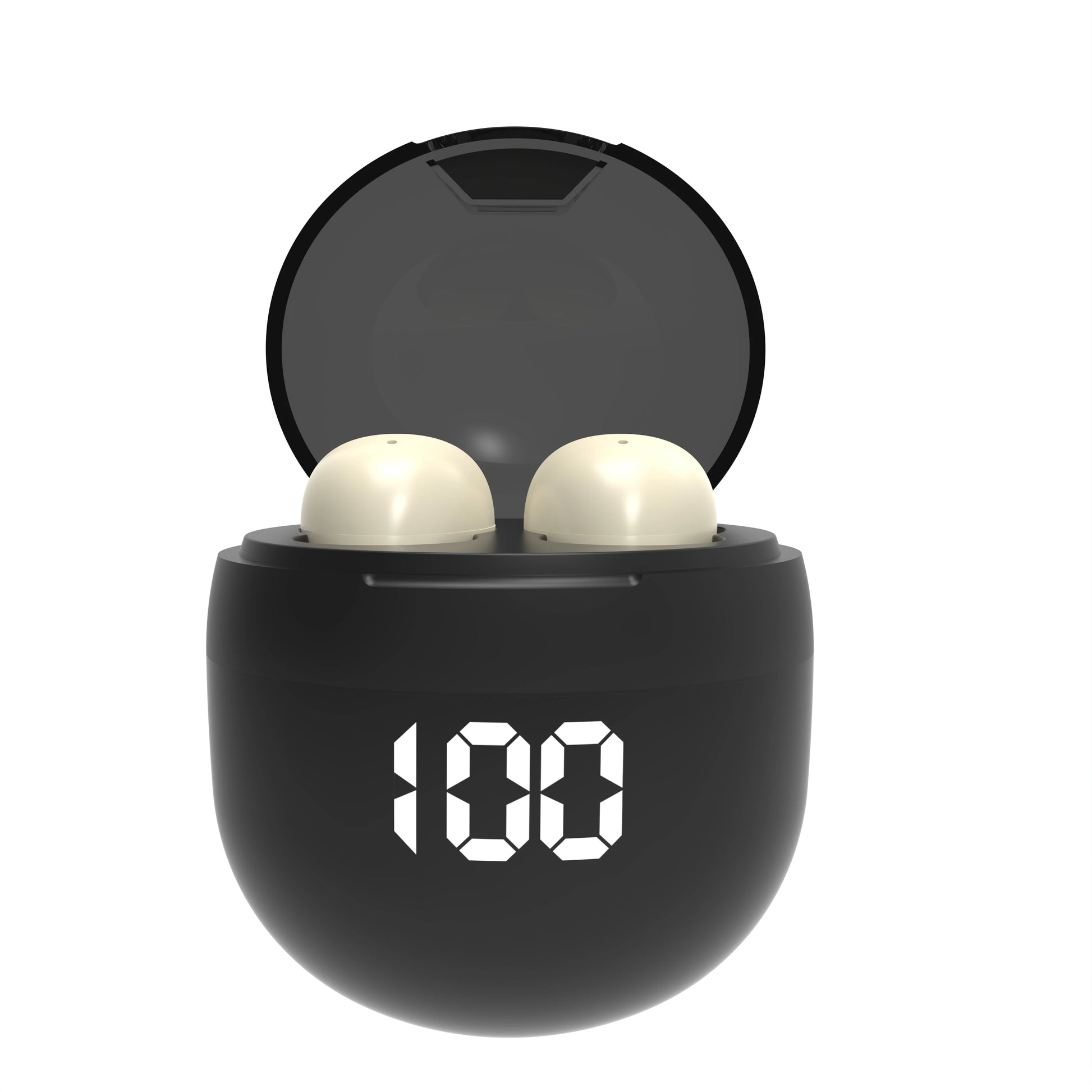 VaultHaus wireless mini headphones with mic stored in black charging case displaying battery level