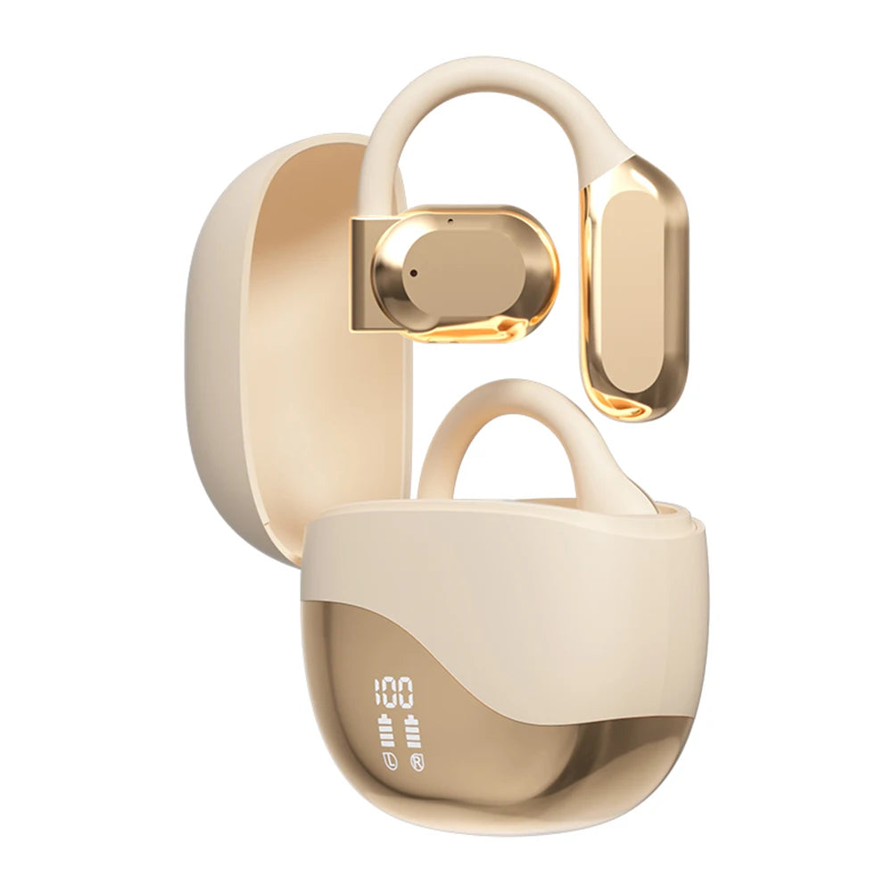 Stylish VaultHaus wireless translation earbuds in beige with a sleek charging case