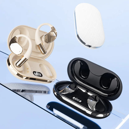 VaultHaus wireless translation earbuds in cream and black with sleek charging case