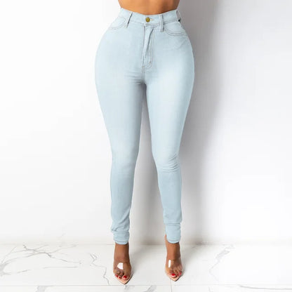 Light Blue Denim Pencil Pants for Women with High Waist Design and Slim Fit Style