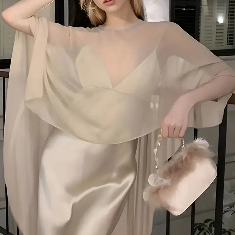 Elegant women's chiffon overlay cape in light beige, perfect for formal occasions and stylish layering