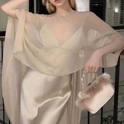 Elegant women's chiffon overlay cape in light beige, perfect for formal occasions and stylish layering