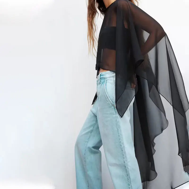 Elegant women's chiffon overlay cape in black for a stylish layered look
