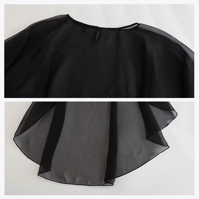 Stylish women's chiffon overlay cape in black with elegant drape for versatile layering