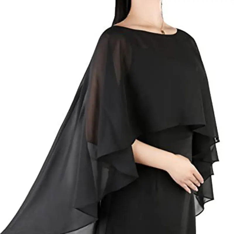 Elegant women's chiffon overlay cape in black, perfect for formal occasions or evening wear