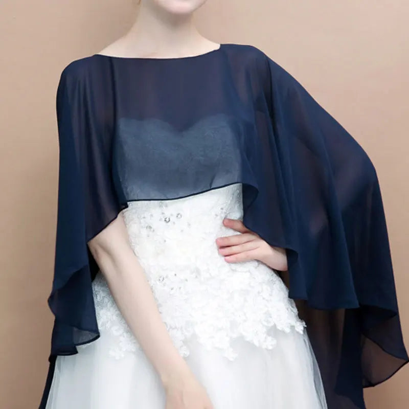 Elegant women's chiffon overlay cape in navy, perfect for formal occasions or weddings
