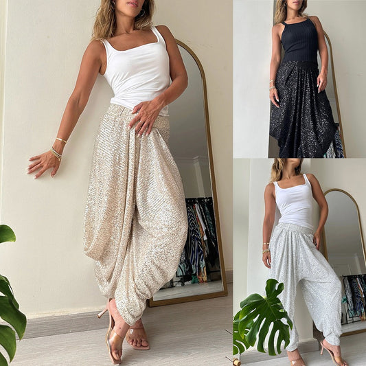 Stylish women's sequin harem pants showcased in three elegant colors for trendy fashion lovers