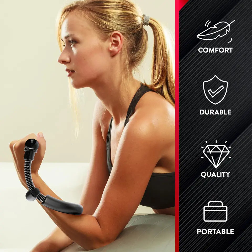 VaultHaus wrist & forearm muscle exerciser worn by woman to strengthen arm muscles with comfort and durability