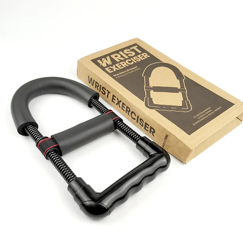 Black wrist & forearm muscle exerciser with ergonomic handles next to brown packaging box