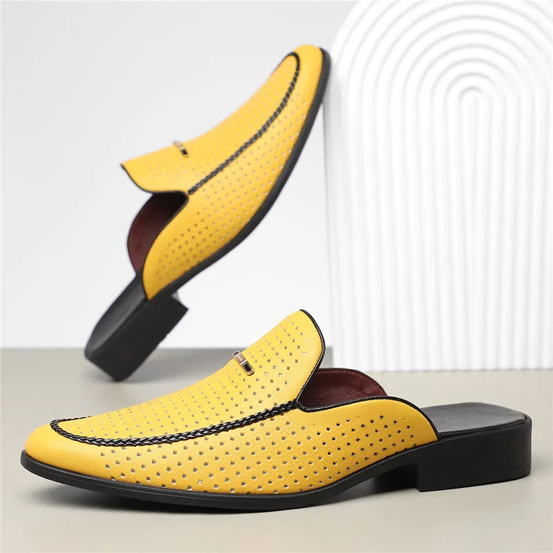 VaultHaus yellow breathable patent leather mules with black sole and decorative stitching
