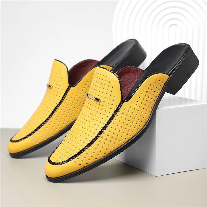 VaultHaus yellow breathable patent leather mules with perforated design and black sole.